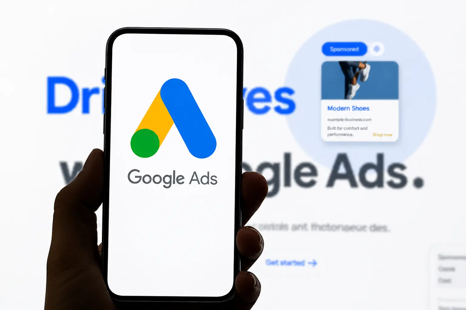 Smartphone displaying Google Ads interface representing SEM paid advertising management, keyword targeting, conversion tracking, and digital campaign optimization.