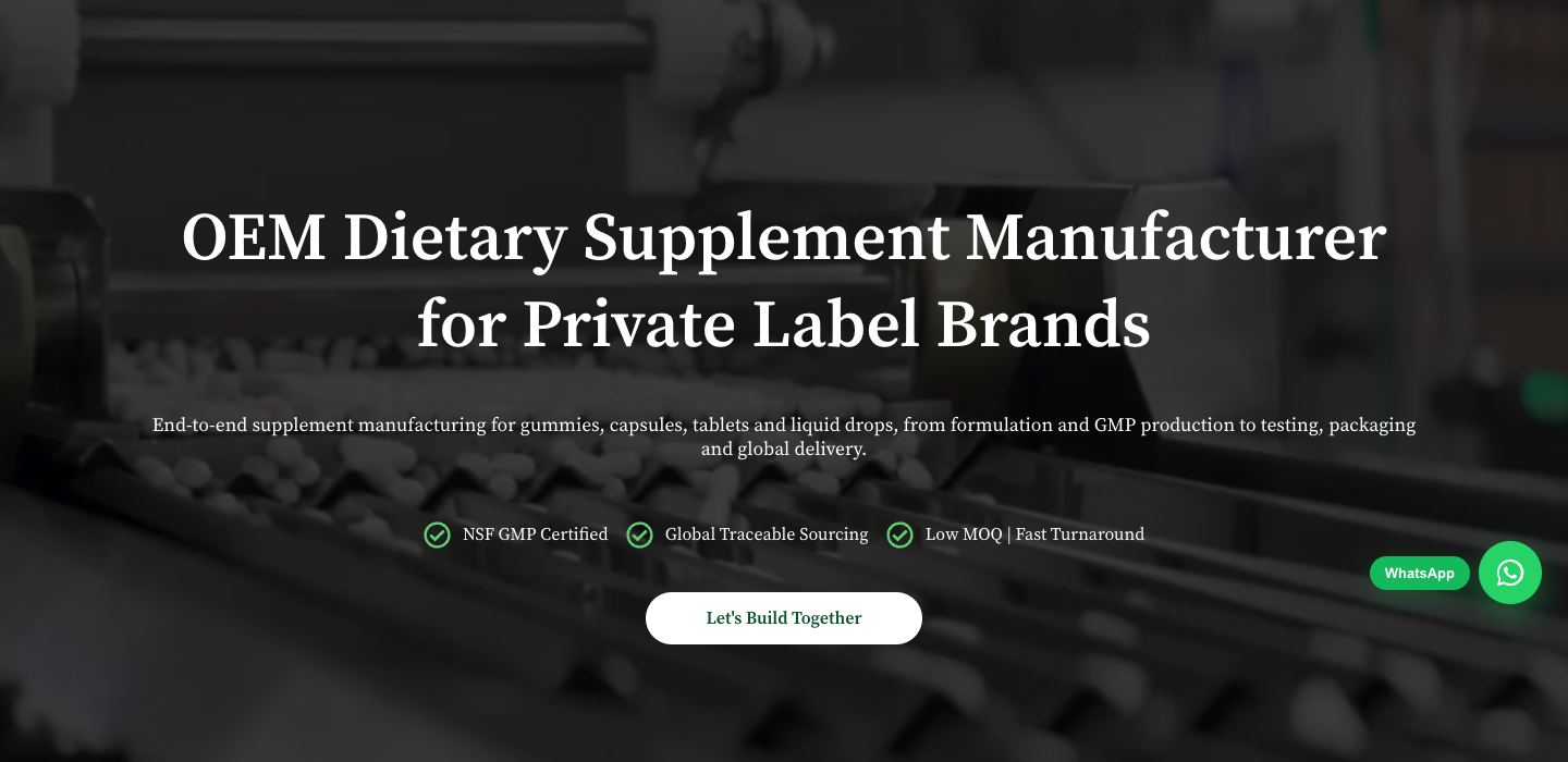 Pro Safe Nutritionals 海外官网首页，展示营养品生产能力